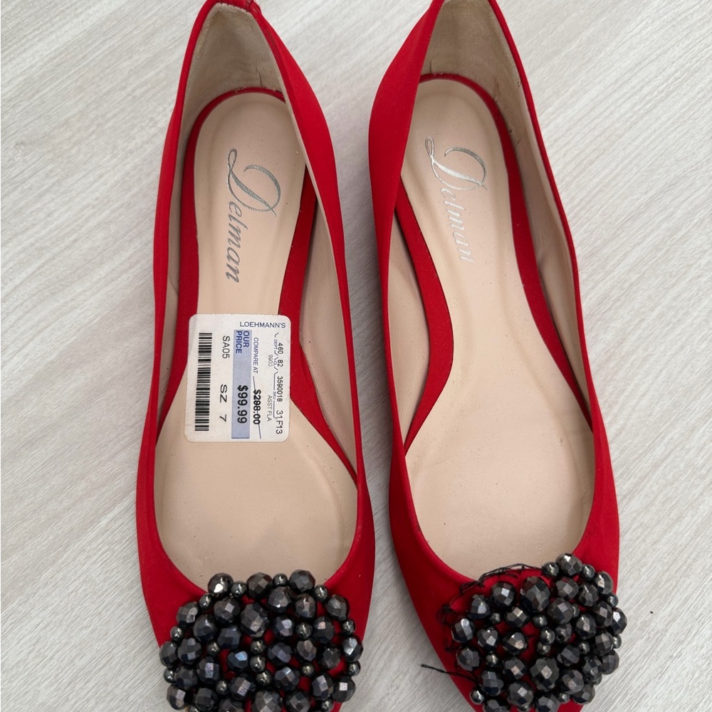 Delman Red Flats with Black Embellishments